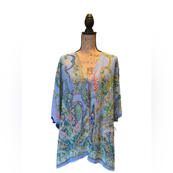Umgee Kimono Topper Blue Paisley Print Semi Sheer Size M/L - Picture 1 of 9